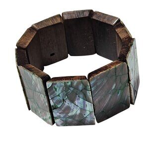 Handcrafted Boho Wooden Bracelet Iridescent Shell Tiles Beach Core Jewelry Women
